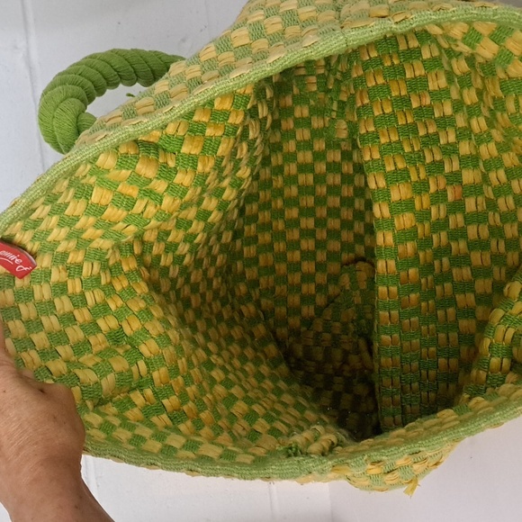 Annie J oversized Woven Fabric Green and Yellow Tote Bag - Picture 6 of 16